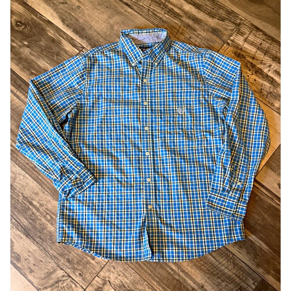 Chaps Mens Blue Yellow Plaid Button Down Shirt Preppy Coastal Casual M
